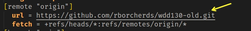 VSCode showing the .git/config file line to edit