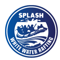 Splash White Water Rafting logo: a circular blue badge featuring a white rafting boat with paddlers navigating through splashing waves, conveying adventure and excitement